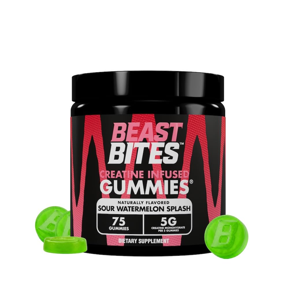 BEAST BITES frasco frontal sobre fondo blanco mostrando 75 gominolas y beneficios