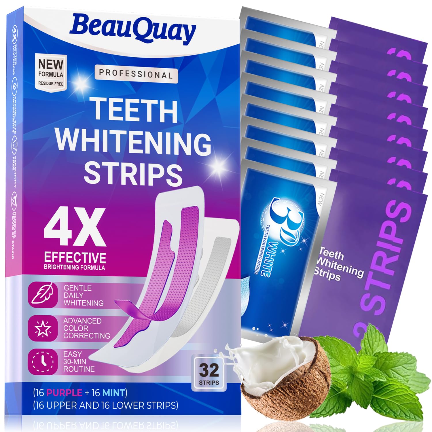 BeauQuay empaque frontal mostrando kit de 32 tiras para blanquear dientes y conveniencia