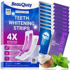 BeauQuay empaque frontal mostrando kit de 32 tiras para blanquear dientes y conveniencia