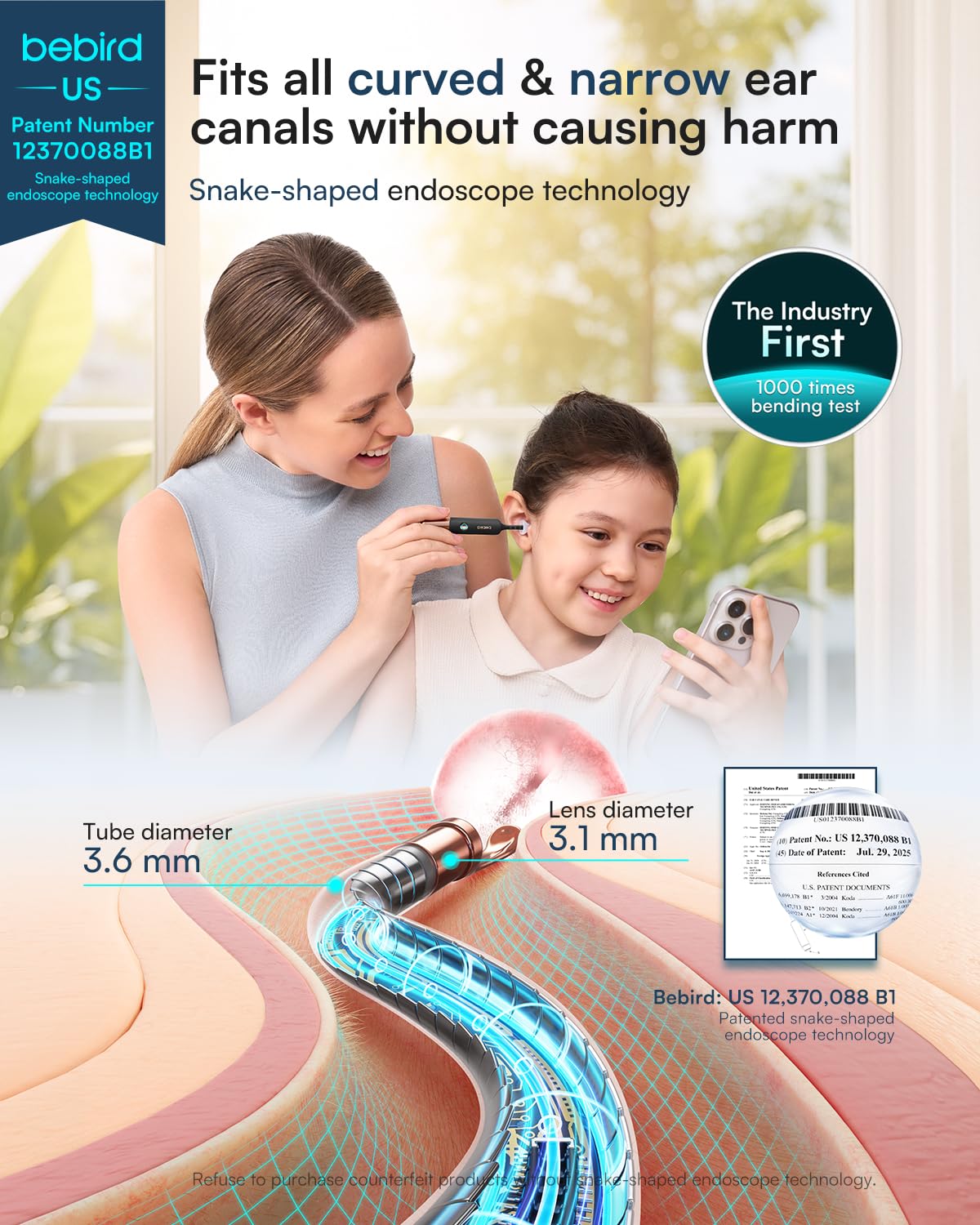 BEBIRD pinzas visual en uso extrayendo cerumen con menor irritación