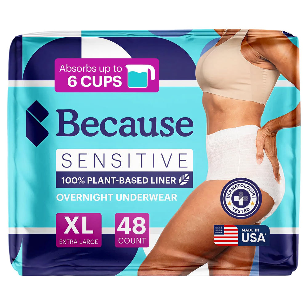 Because empaque frontal mostrando cantidad y talla, confianza inmediata