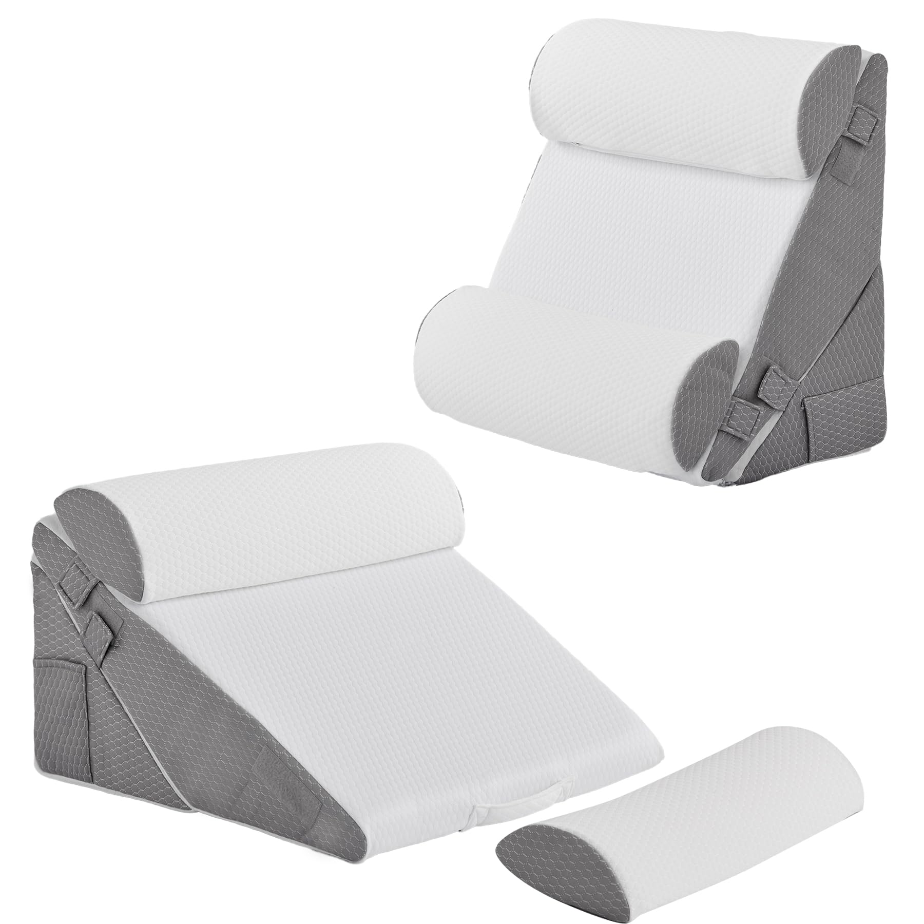 Bedluxe vista frontal del set mostrando funda blanca y gris, aspecto profesional