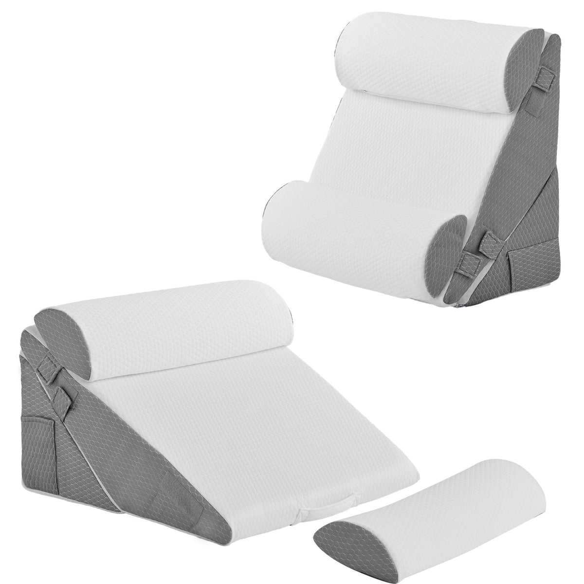 Bedluxe vista frontal del set mostrando funda blanca y gris, aspecto profesional