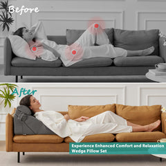 Persona usando Bedluxe para leer en la cama con soporte lumbar estable y cómodo