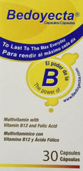 Bedoyecta frasco frontal mostrando etiqueta y 50 cápsulas, práctica y compacta
