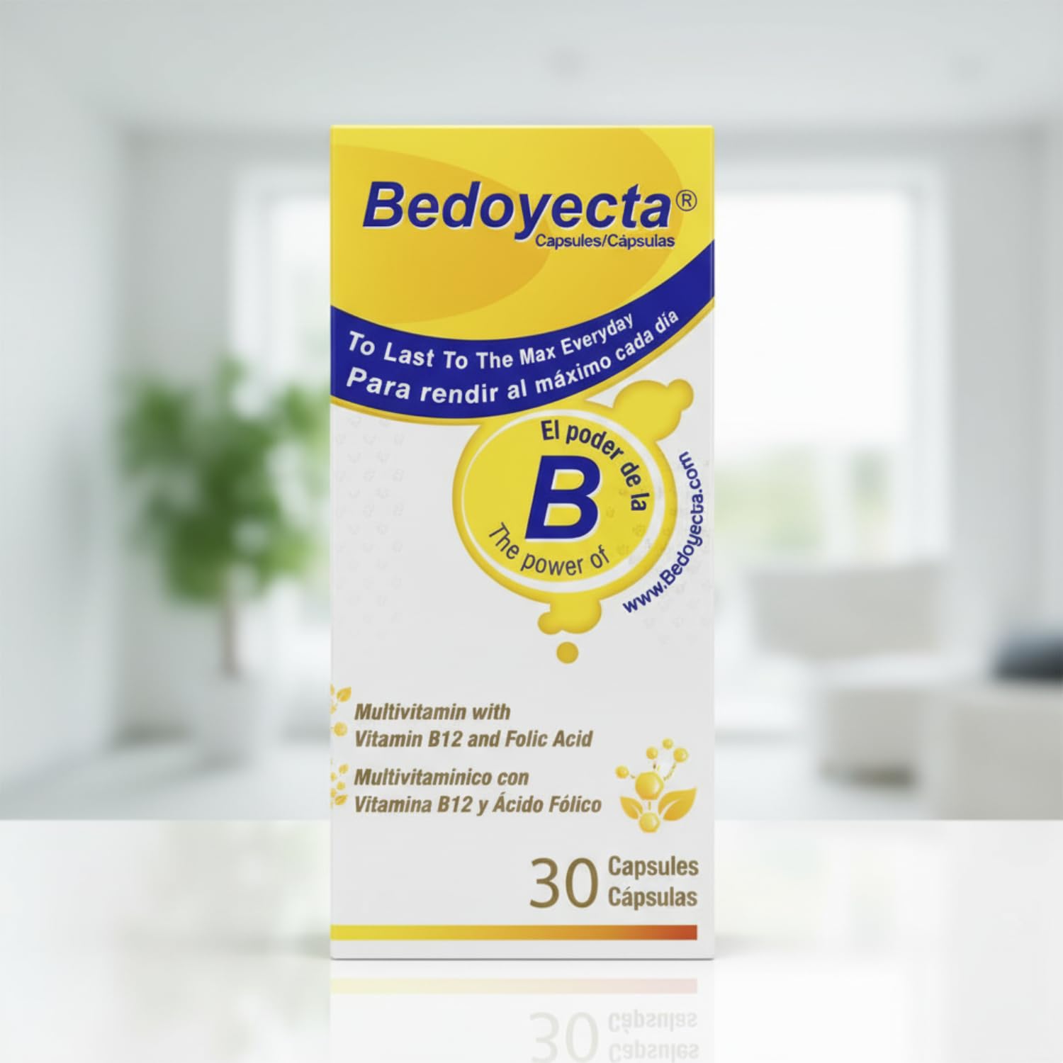 Frasco Bedoyecta sobre encimera de cocina, sugiere integración en la rutina diaria
