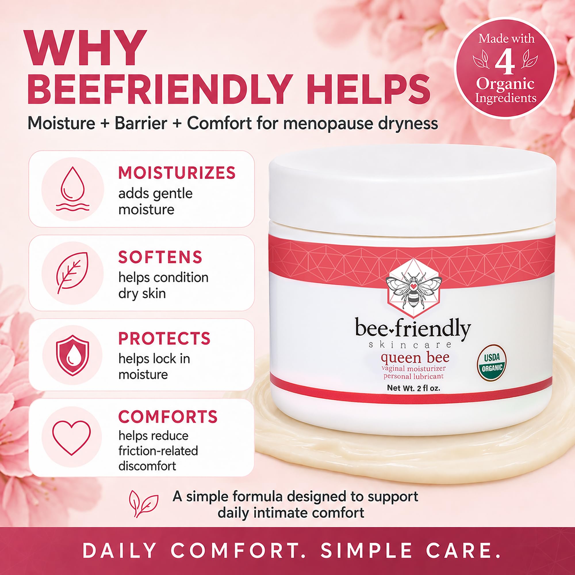 BeeFriendly aplicación con manos ilustra uso sencillo y efectiva hidratación