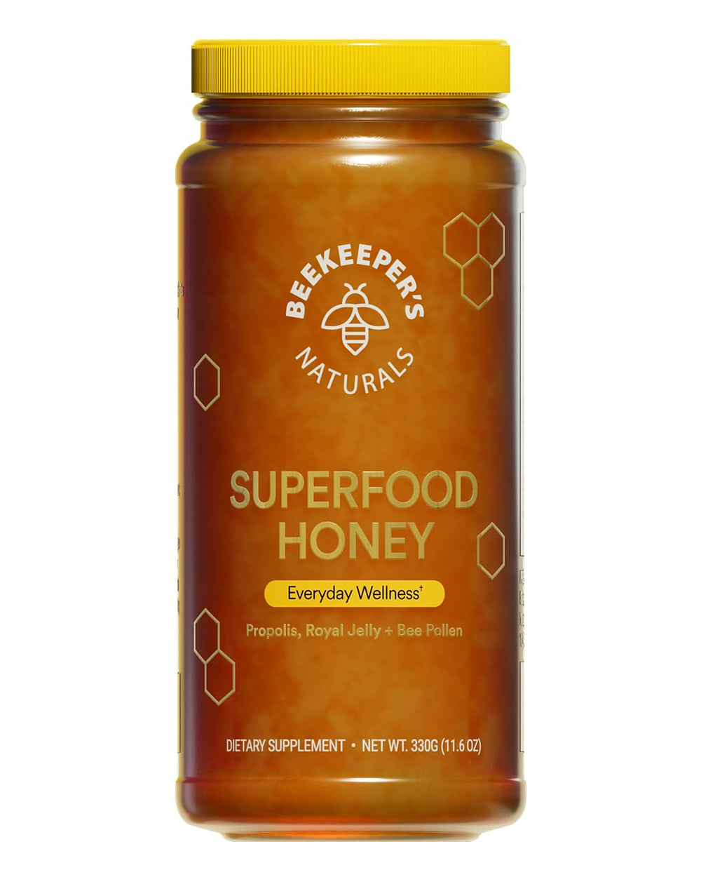 Beekeeper's Naturals frasco frontal claro mostrando etiqueta informativa y uso