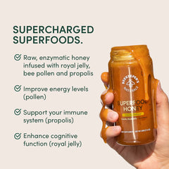 Beekeeper's Naturals etiqueta con lista de ingredientes y origen sostenible