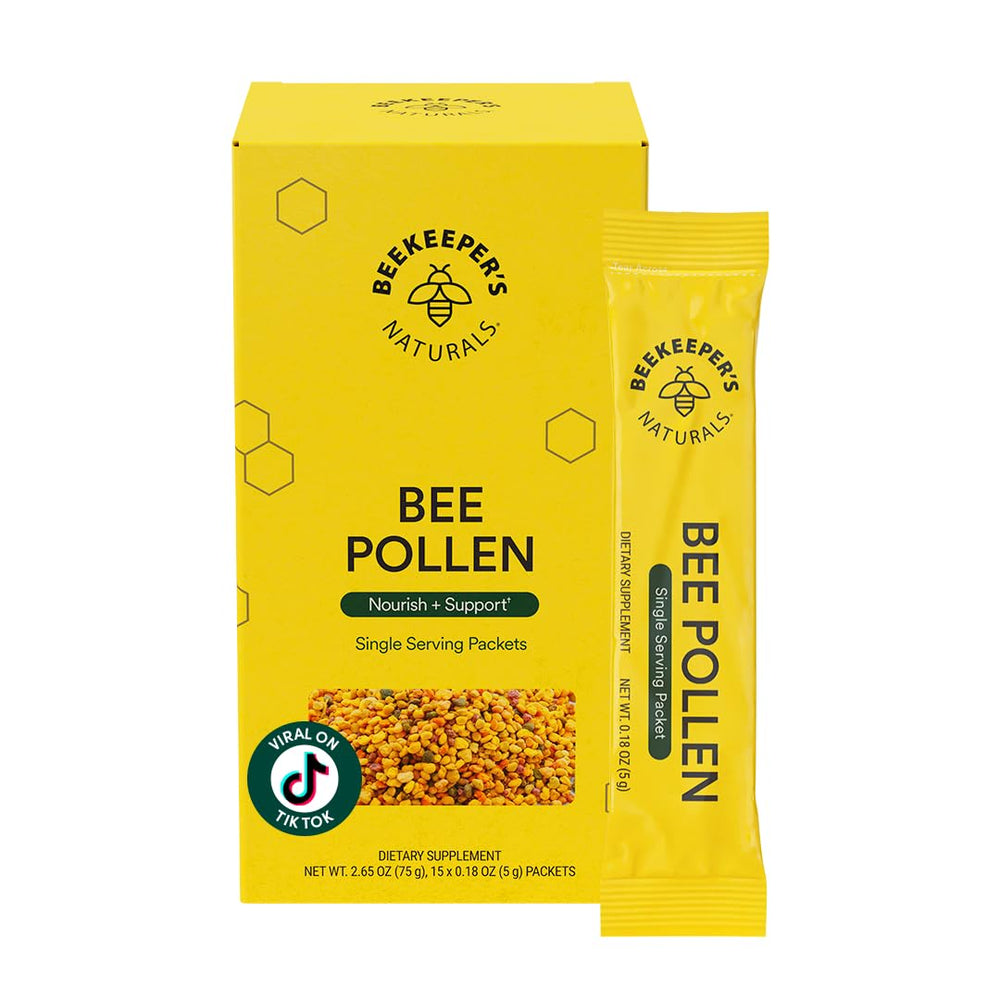 Beekeeper's Naturals empaque frontal con 15 stick packs y beneficio de porciones listas