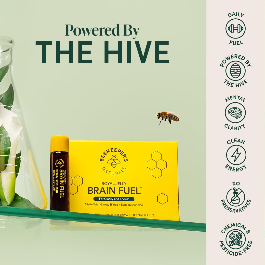 Beekeeper's Naturals primer plano de vial y textura de jalea real que nutre