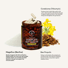 Beekeeper's Naturals cápsulas dispuestas sobre mesa demostrando textura y forma