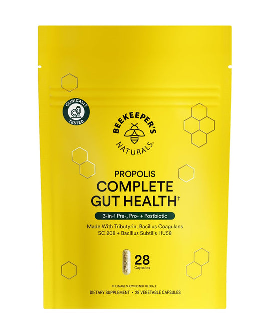 Beekeeper's Naturals Complete Gut Health bottle front for daily digestive balance.