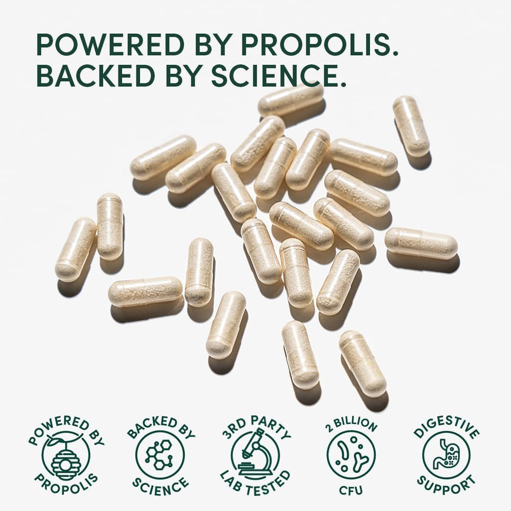 Beekeeper's Naturals Propolis-Powered Gut Health capsules closeup.