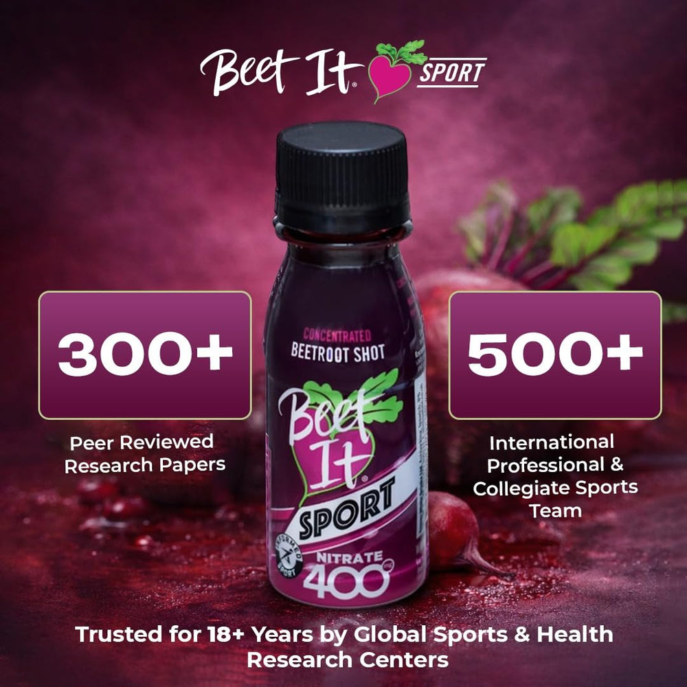 Primer plano de ingredientes naturales de BEET IT destacando jugo puro de remolacha