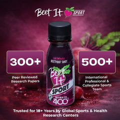 Primer plano de ingredientes naturales de BEET IT destacando jugo puro de remolacha