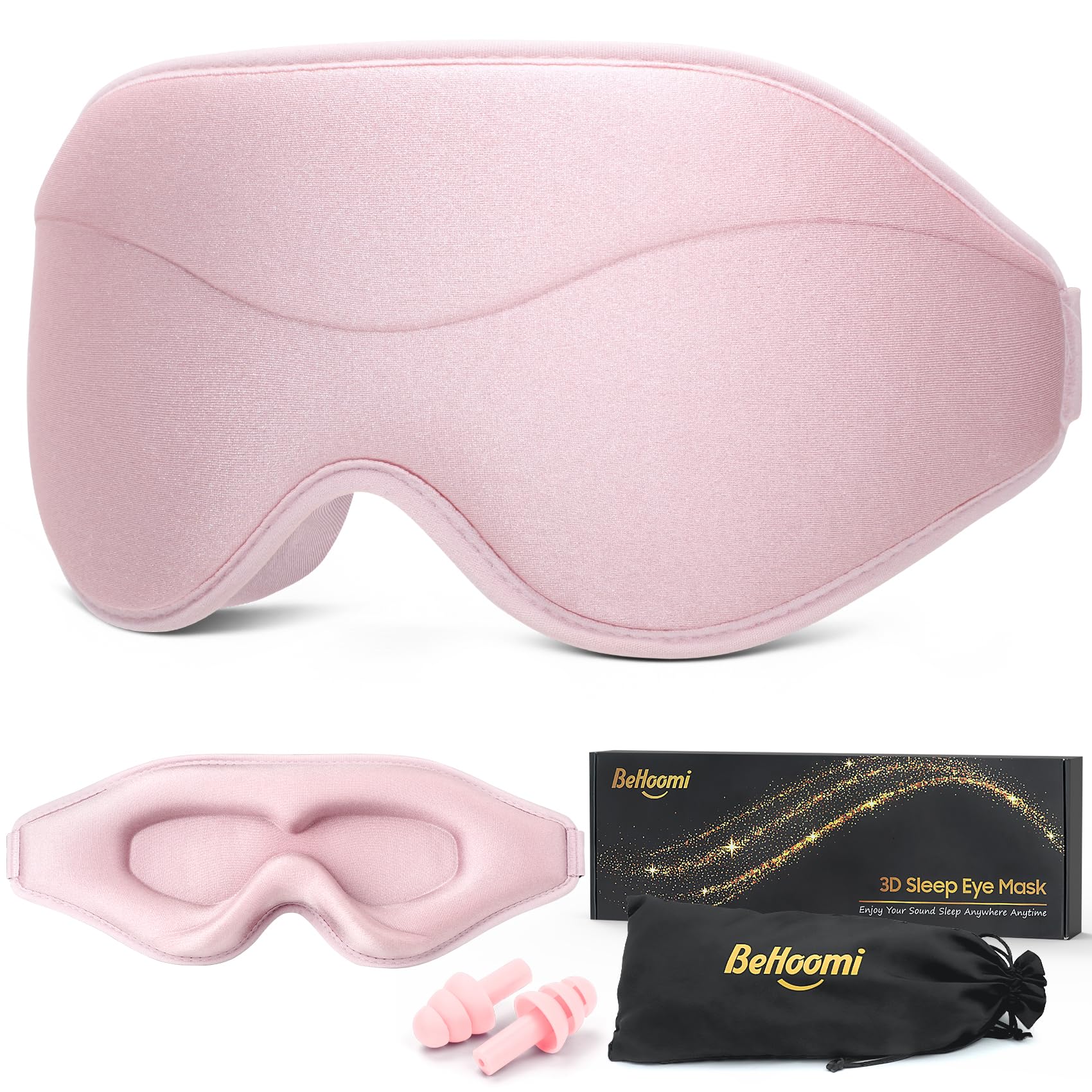 BeHoomi antifaz frontal mostrando bloqueo total de luz y confort
