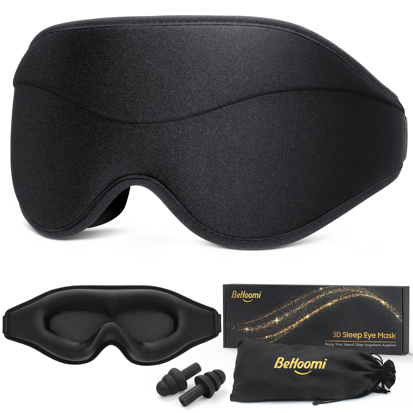 BeHoomi mascarilla frontal en negro muestra bloqueo de luz completo