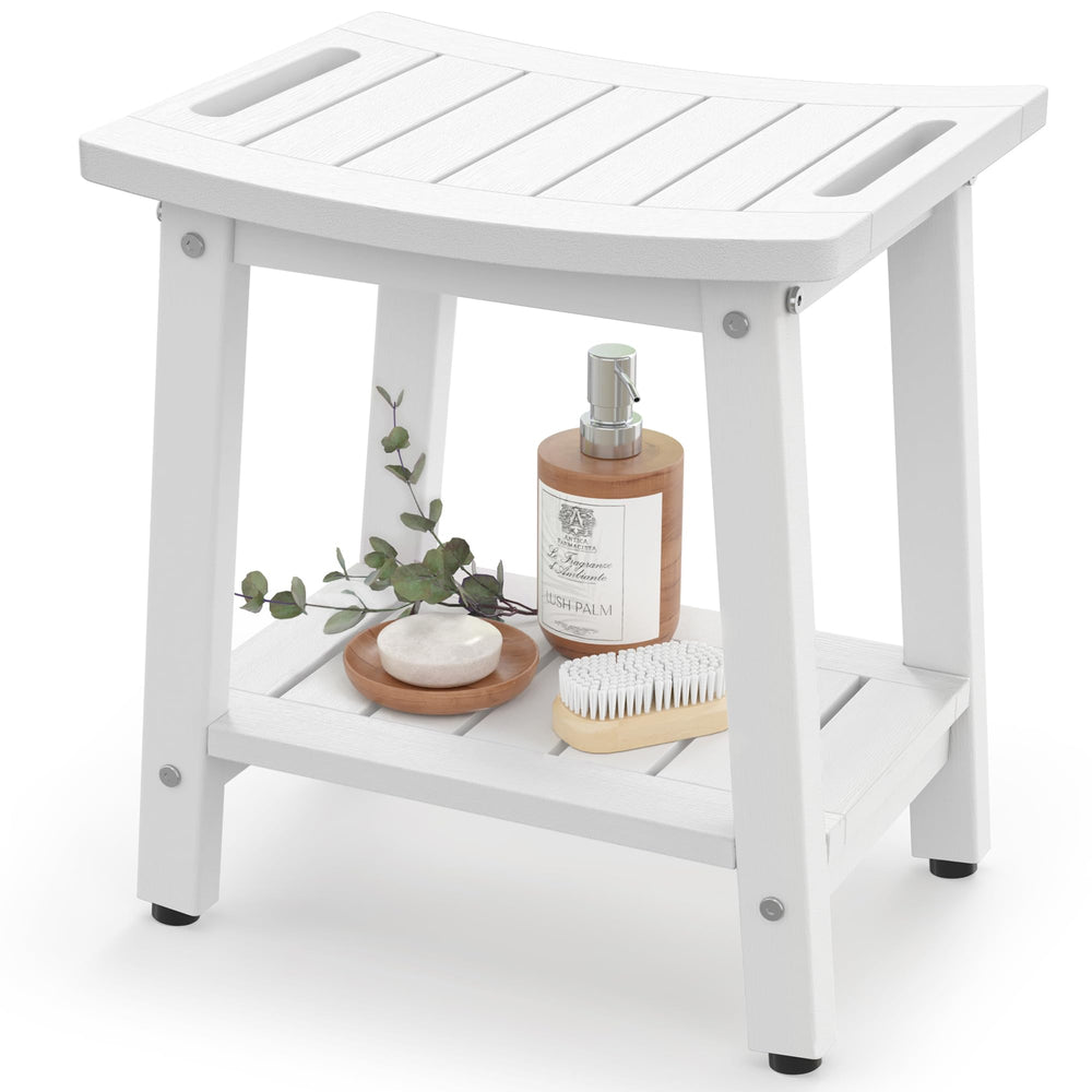 BEKVEM banco de ducha frontal blanco mostrando diseño estable y asiento cómodo