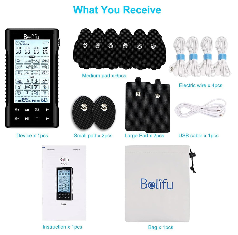 Belifu kit organizado con electrodos, cables y unidad listo para viaje