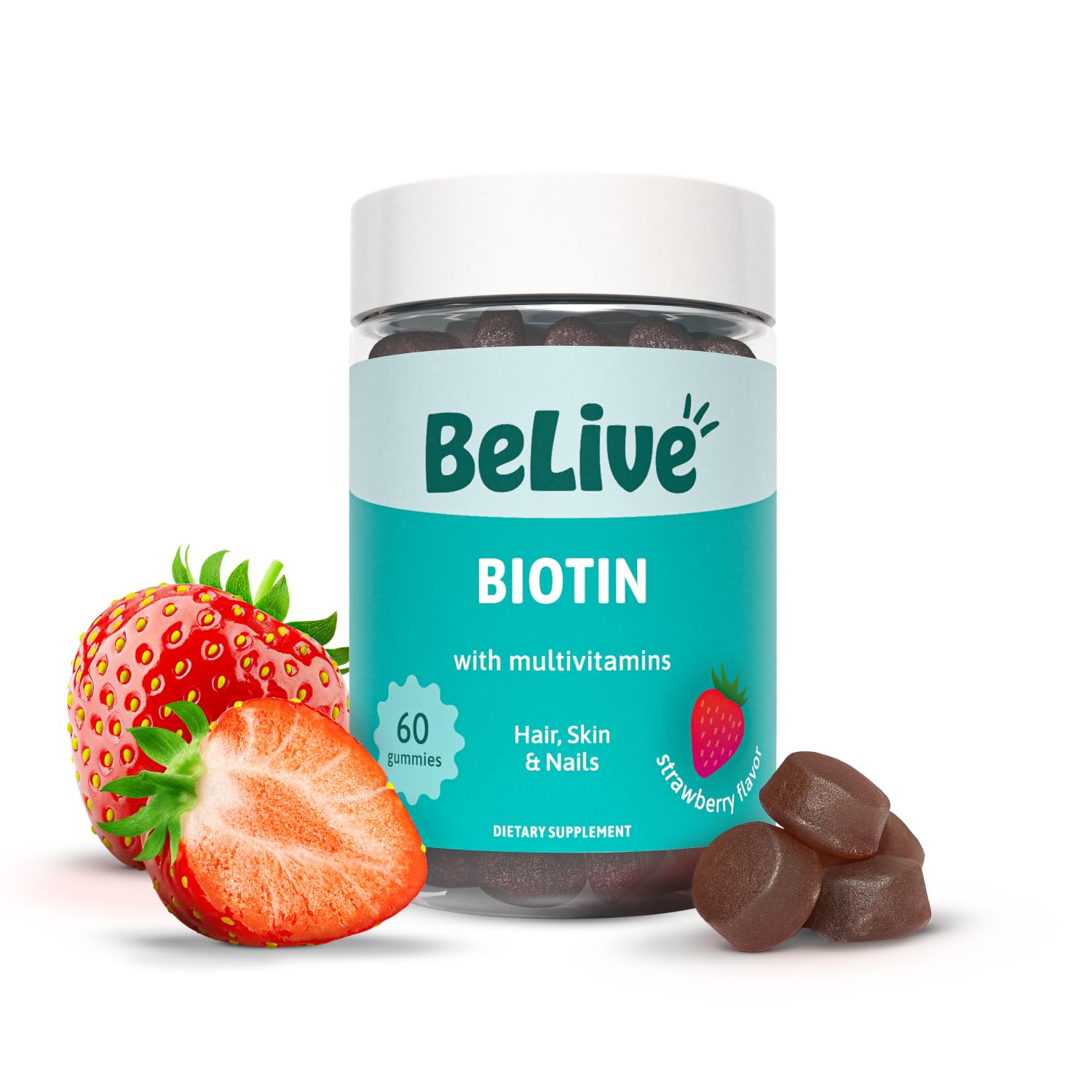 BeLive envase frontal de gominolas biotina 10000 mcg, presentación clara y útil