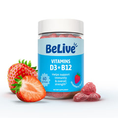 BeLive frasco frontal de gomitas D3 y B12 mostrando etiqueta y cantidad