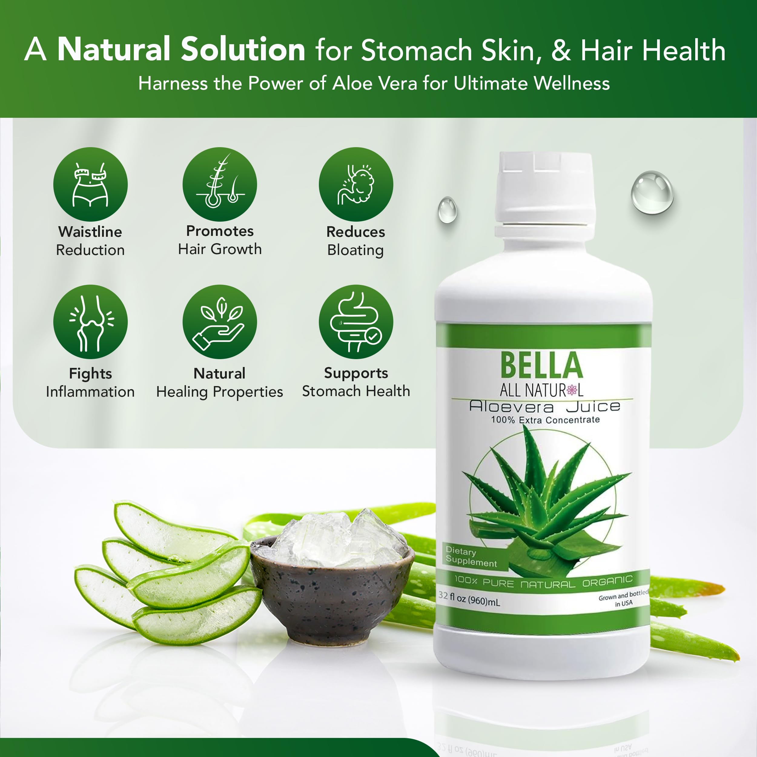 Bella All Natural botella vertiendo jugo en vaso para hidratación diaria