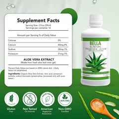 Bella All Natural textura del jugo de aloe mostrando pureza y aspecto hidratante