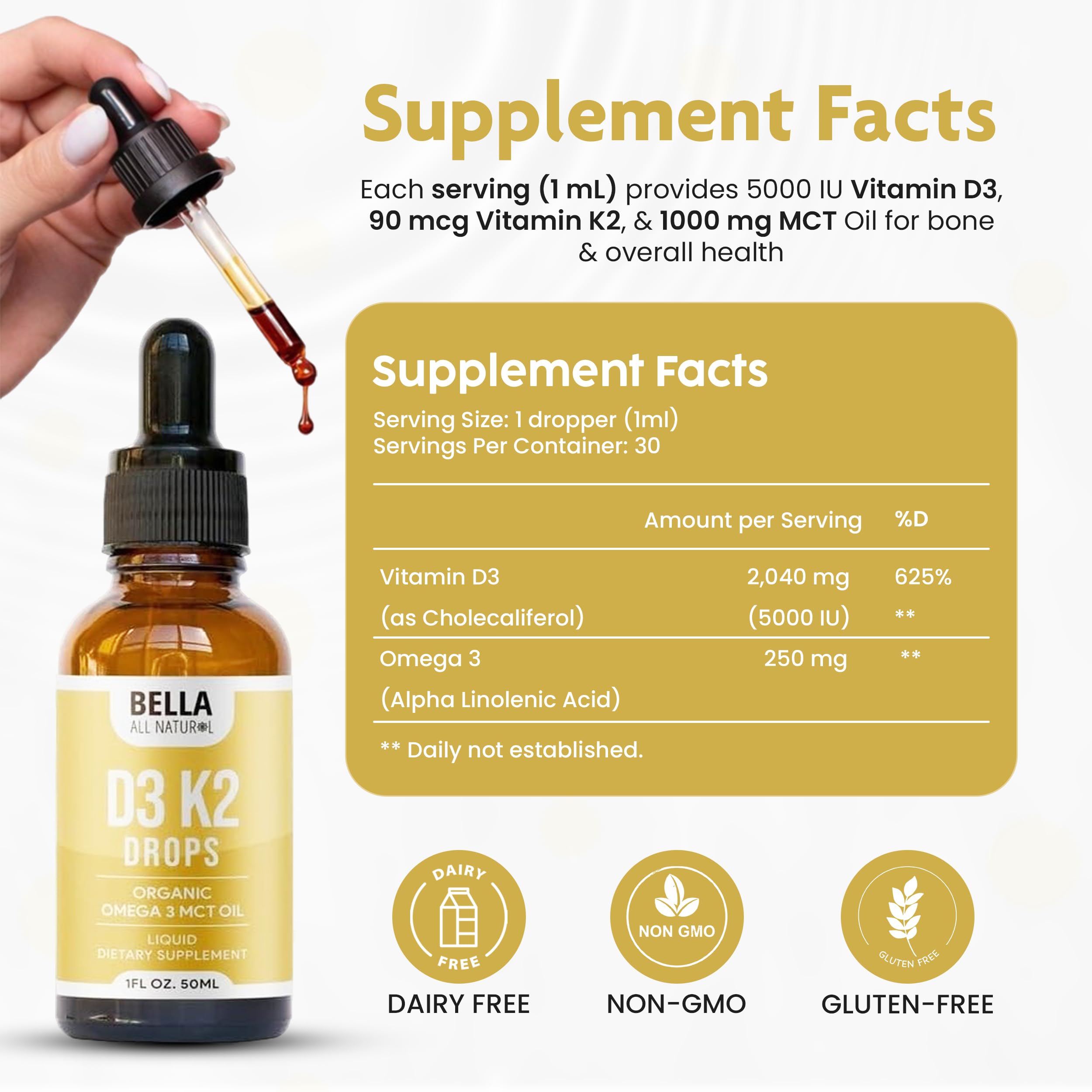 Bella All Natural gotero con gotas listas y control preciso de la dosis