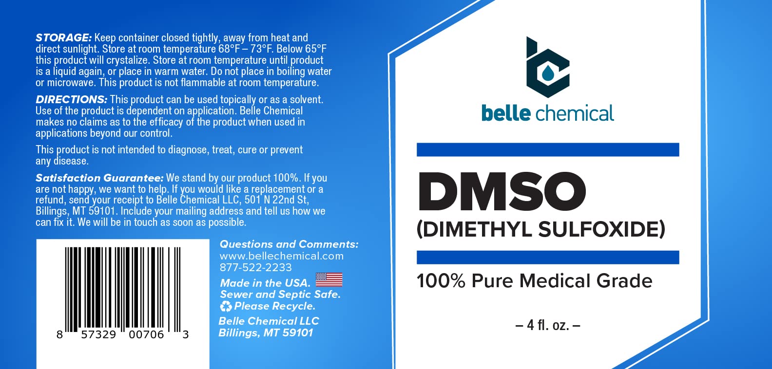 Belle Chemical detalle del líquido DMSO mostrando pureza y claridad