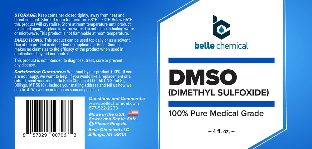Belle Chemical detalle del líquido DMSO mostrando pureza y claridad