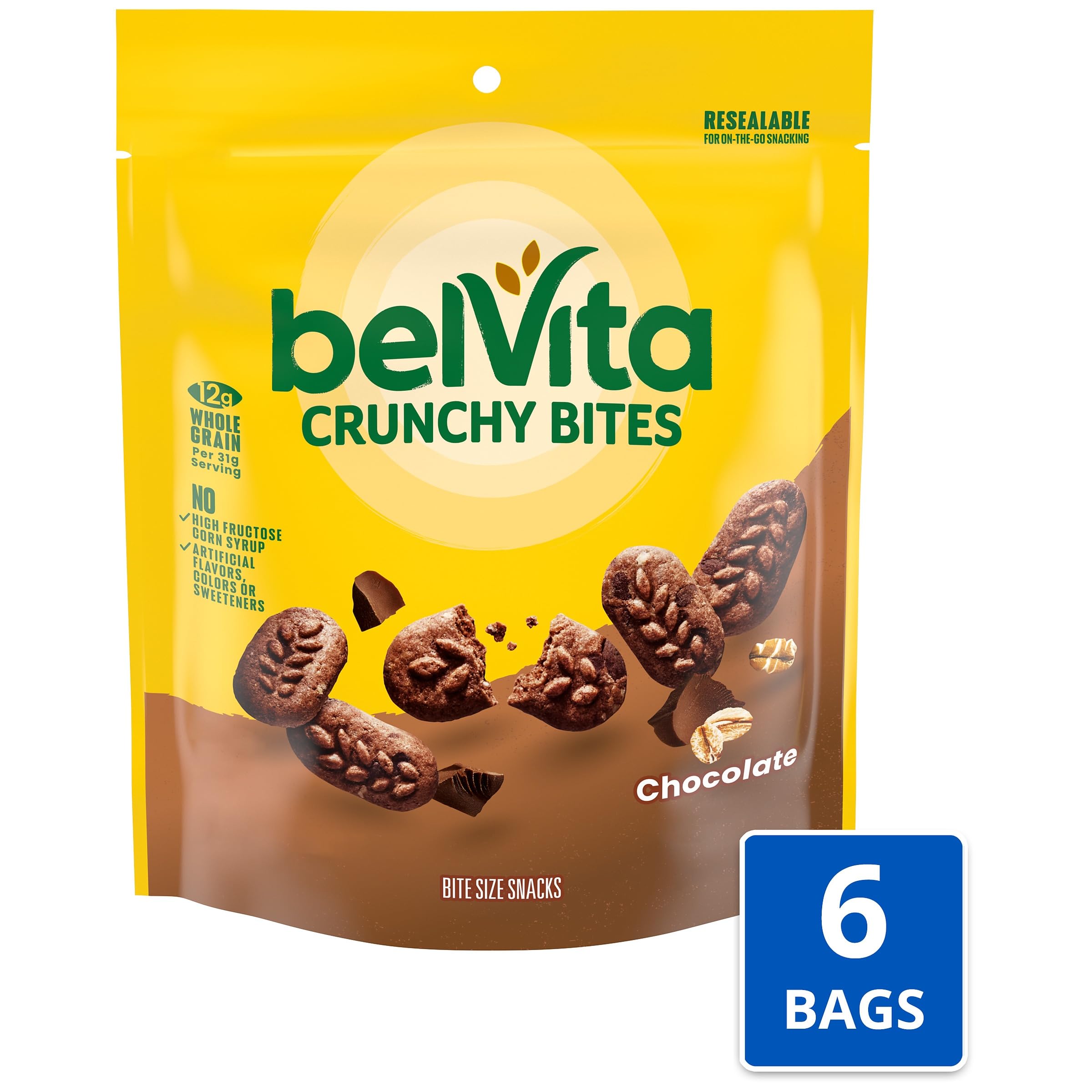 belVita bolsa resellable abierta con bocados visibles, mantiene frescura
