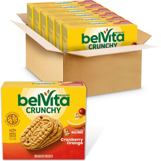 belVita caja frontal Cranberry Orange mostrando producto y beneficios