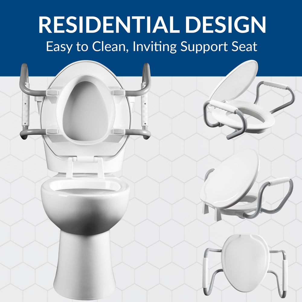 Bemis asiento en uso con usuario mostrando facilidad para sentarse