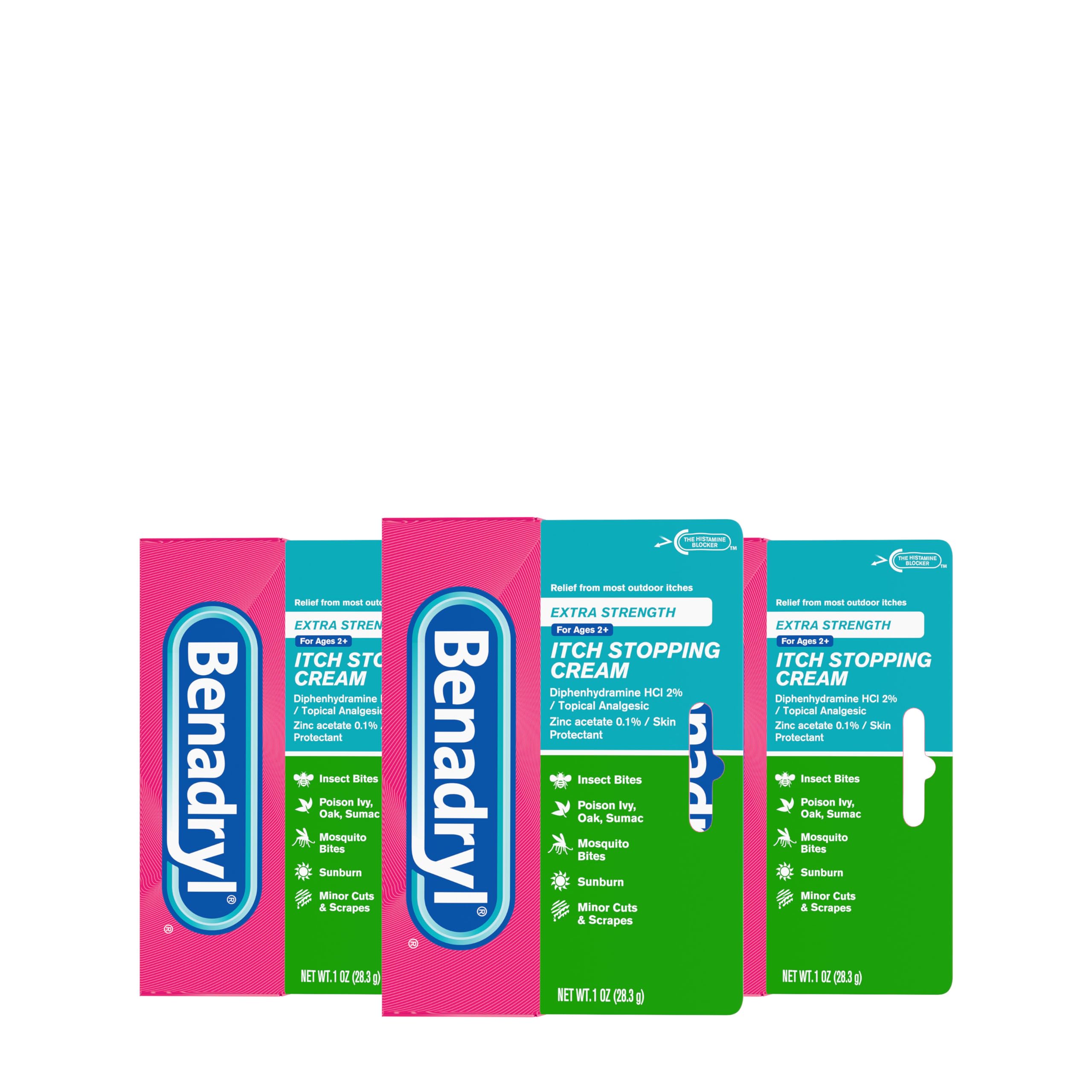 Benadryl frontal del envase mostrando tubos y marca para alivio rápido