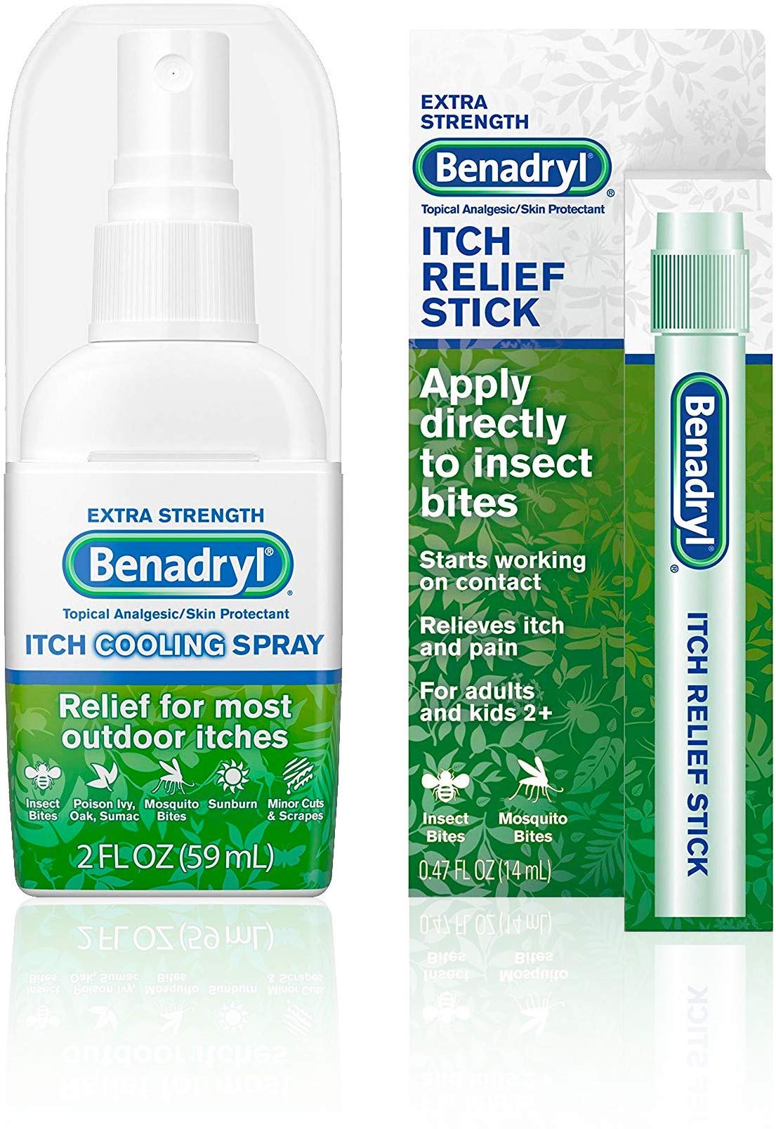 Benadryl spray frontal mostrando envase práctico y alivio rápido