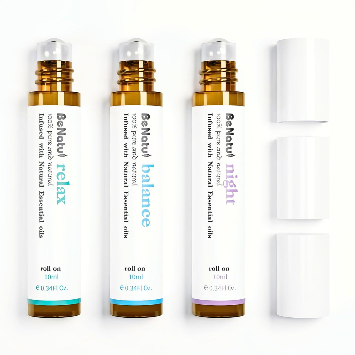 benatu pack frente mostrando los tres roll-ons y beneficios aromáticos