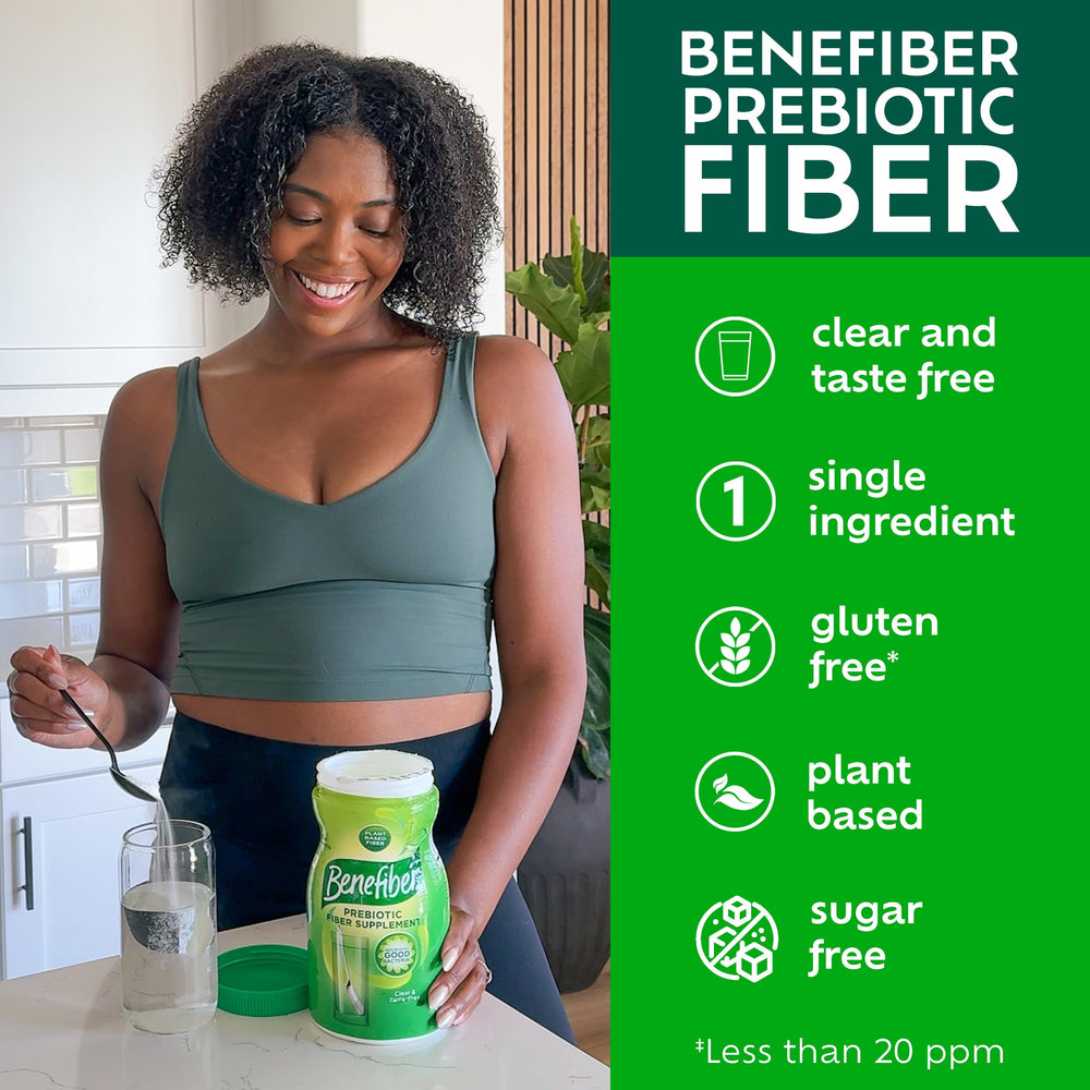 Benefiber y mano para comparar tamaño del envase, práctico para el hogar
