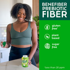 Benefiber frasco en bolso de viaje mostrando conveniencia para llevar
