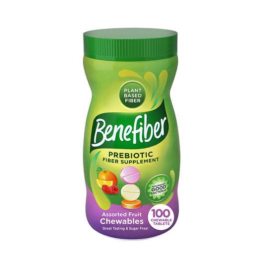 Benefiber frasco 100 tabletas masticables mostrando el frente y beneficio práctico