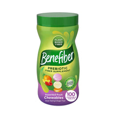 Benefiber frasco 100 tabletas masticables mostrando el frente y beneficio práctico