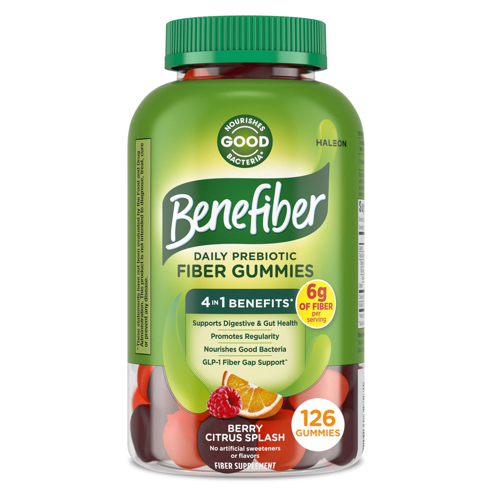 Benefiber frasco frontal Citrus Berry Splash mostrando etiqueta y beneficio de fibra