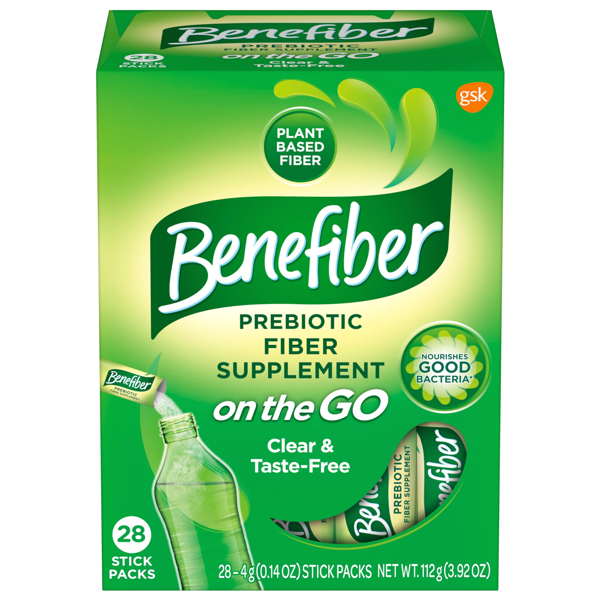 Benefiber frente del empaque mostrando 28 sobres, práctico para llevar