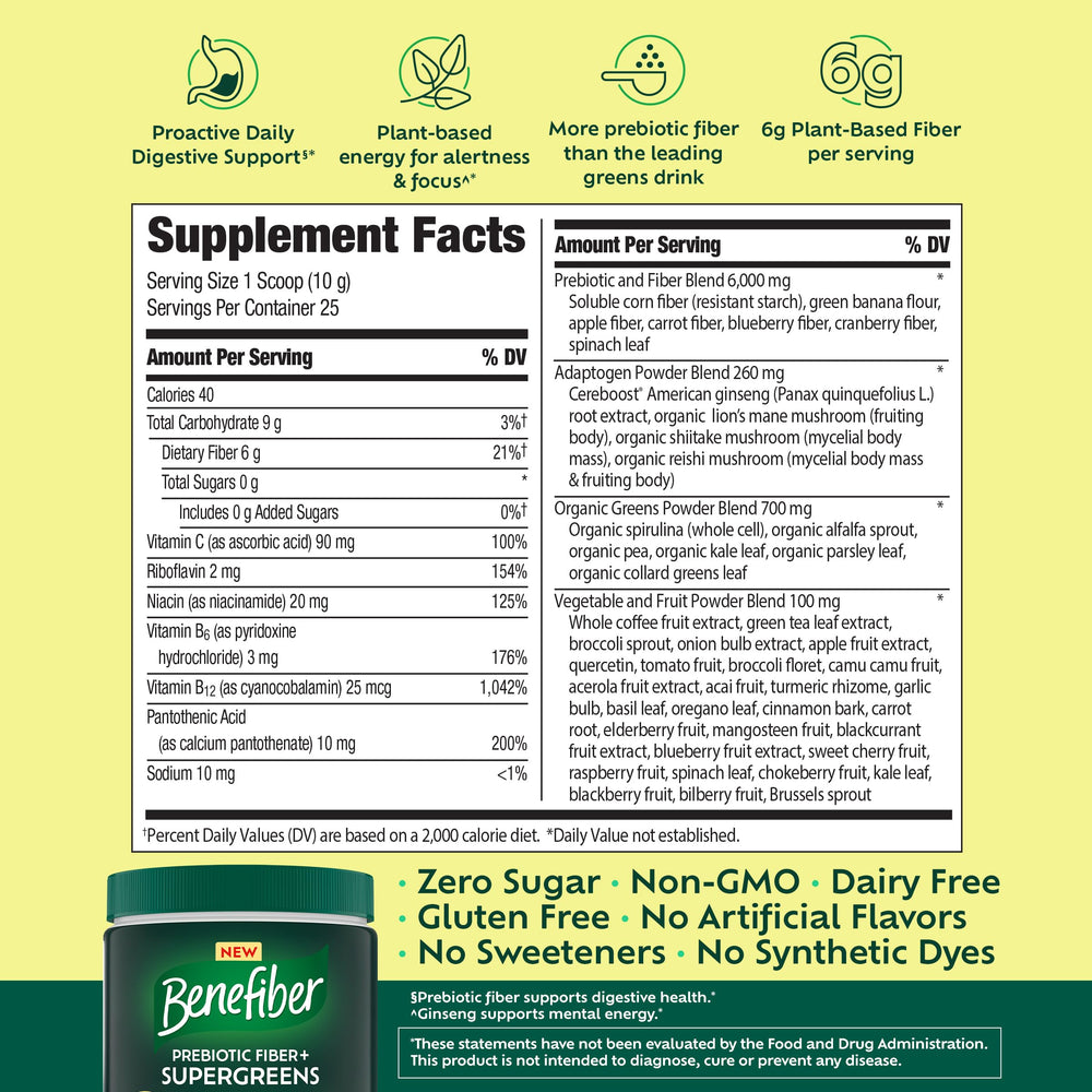 Benefiber primer plano de supergreens mostrando ingredientes vegetales y pureza