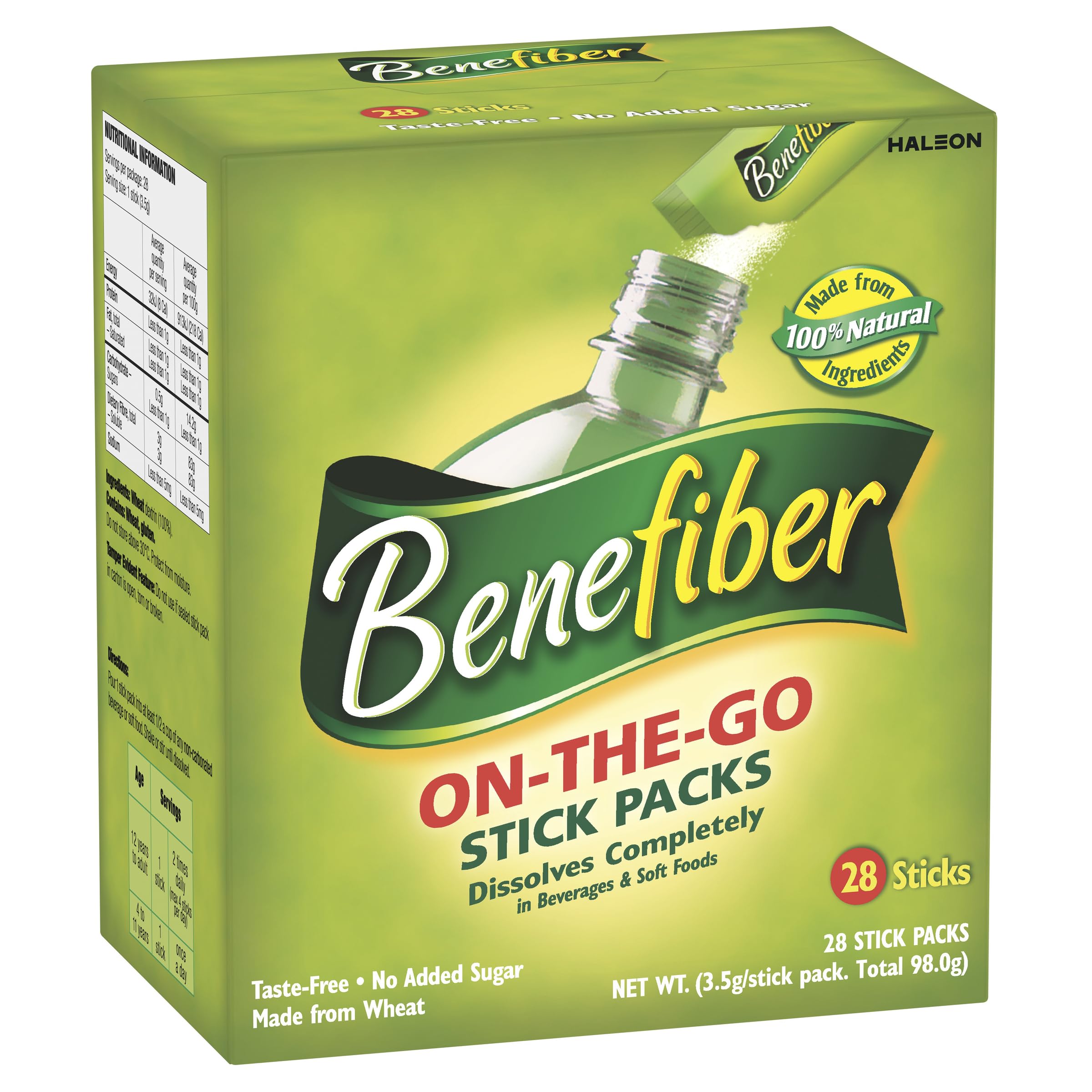 Benefiber paquete frontal mostrando 28 sobres, práctico y portátil