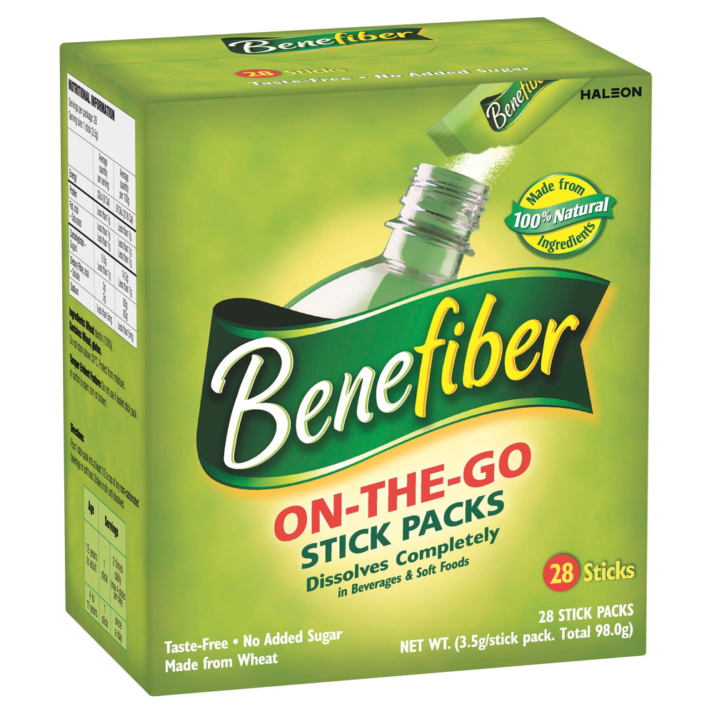 Benefiber paquete frontal mostrando 28 sobres, práctico y portátil