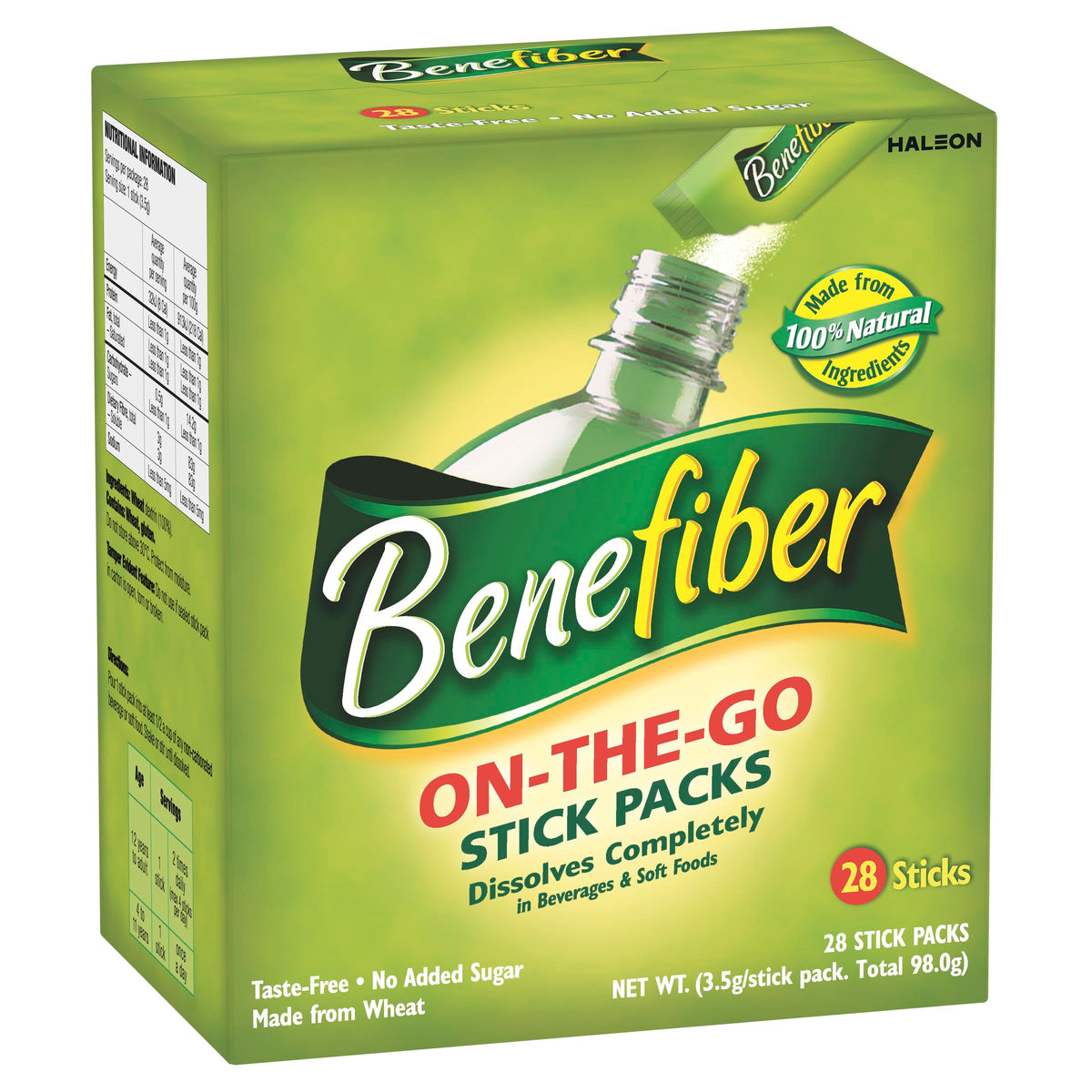 Benefiber paquete frontal mostrando 28 sobres, práctico y portátil