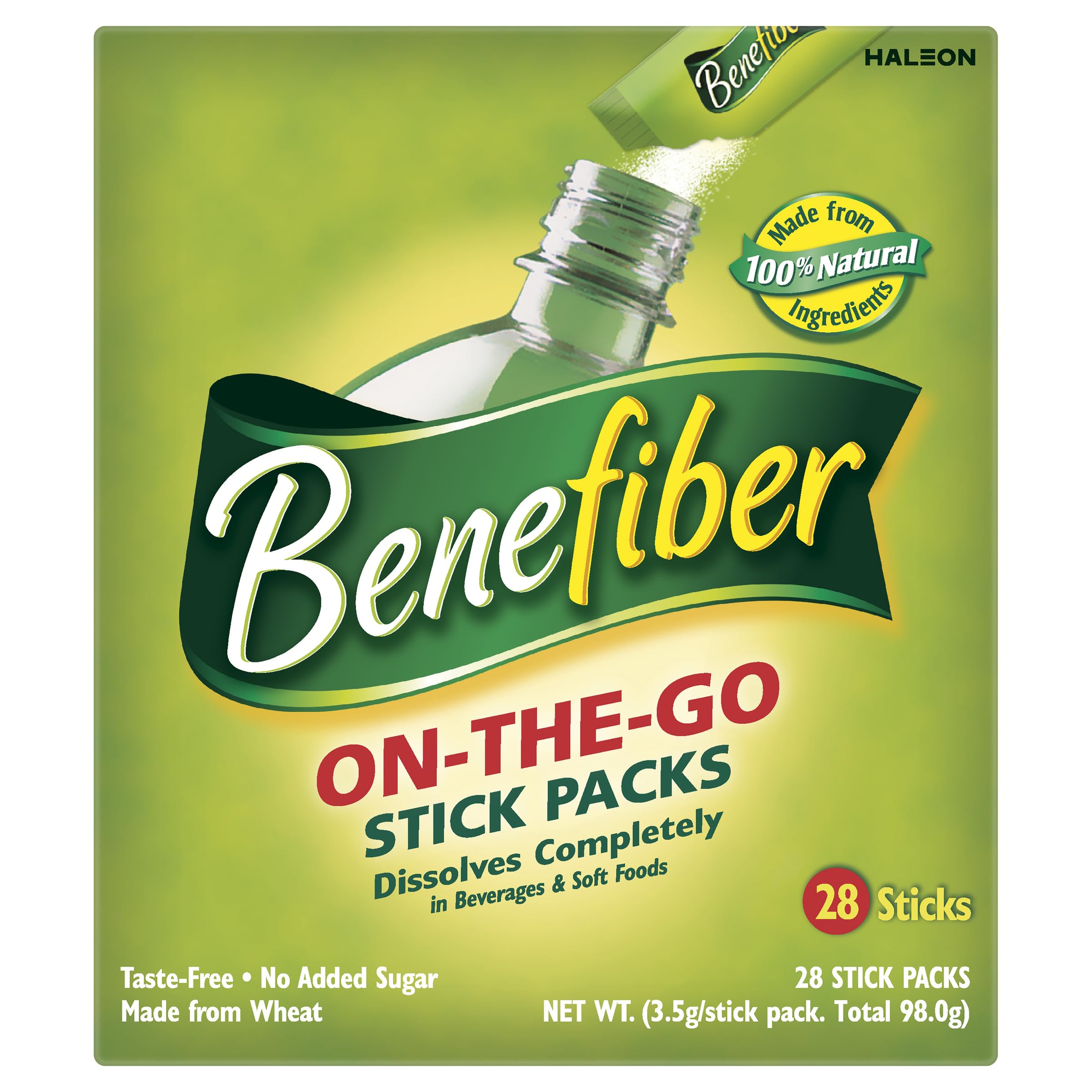 Benefiber sobre abierto con polvo, fácil de ver y verter