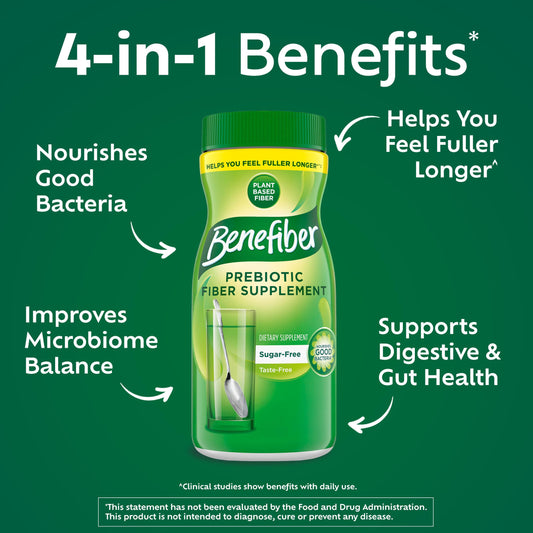 Benefiber tapa abierta con cucharadita medidora, permite dosificación precisa fácilmente