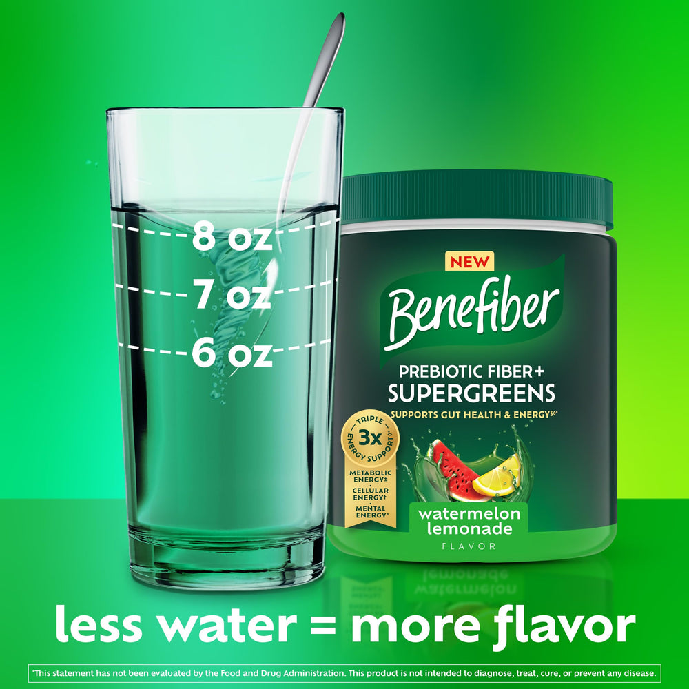 Benefiber vaso con mezcla en agua fría ilustrando consumo rápido y refrescante